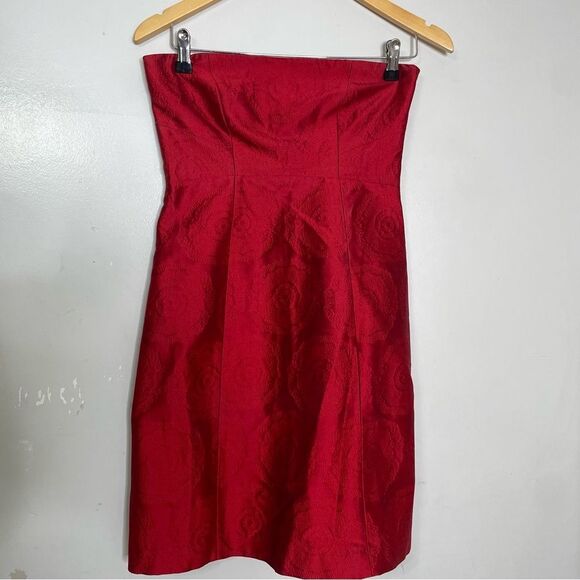 Theory Orsolya Strapless Cocktail Jacquard Dress Red Sz 2‎ - Picture 2 of 10
